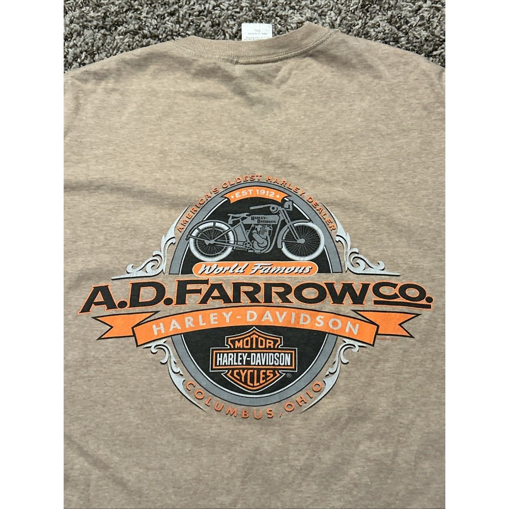 Harley Davidson 2XL Shirt A.D. FARROW CO. Nice Graphic Tan Brown Color Soft
